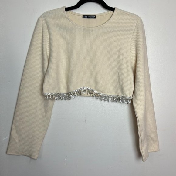 Zara Soft Ribbed Fuzzy Cropped Sweatshirt Top with Hanging Rhinestone Detail - Picture 10 of 15
